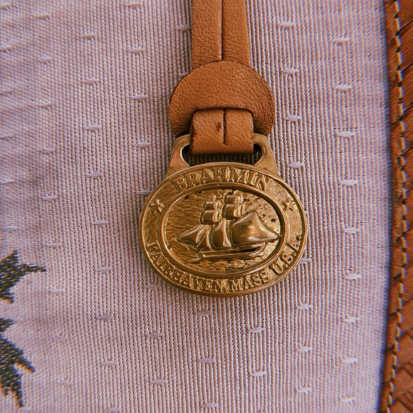 • Vtg. Brahmin woven straw bamboo handled canvas palm tree bag • - Picture 9 of 9